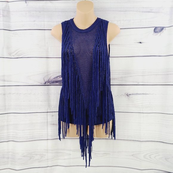 TORN BY RONNY KOBO Ronja Navy Fringed Knit Top XS - Picture 1 of 6